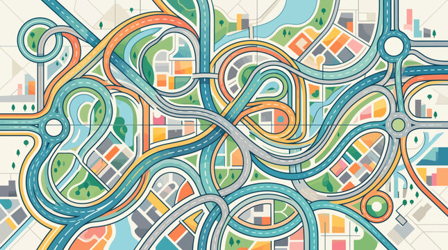 Abstract illustration of complex city road network and highway intersections.