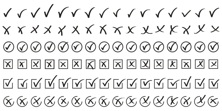 Check tick mark icon set. Cross box x check mark checkbox v list vector draw hand drawn sketch doodle brush marker checklist symbol wrong right circle. Vector Illustration. Red, Green, Black color EPS