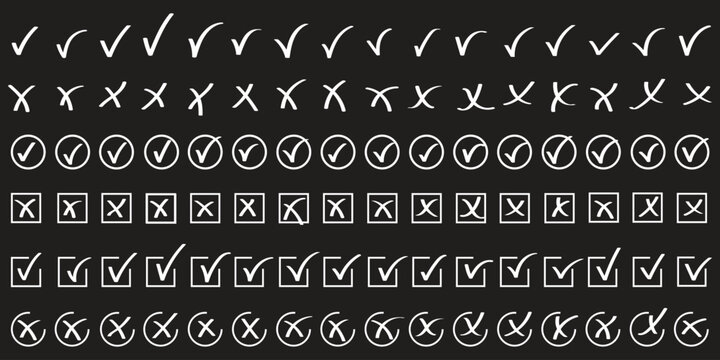 Check tick mark icon set. Cross box x check mark checkbox v list vector draw hand drawn sketch doodle brush marker checklist symbol wrong right circle. Vector Illustration. Red, Green, Black color EPS