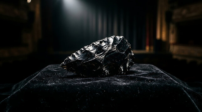 A sharp obsidian shard rests on a dark velvet cloth, showcasing its natural volcanic origins and mysterious dark beauty.