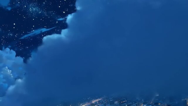 Vast celestial expanse viewed above glowing metropolitan sprawl under full moon