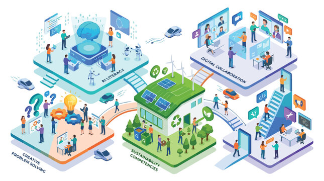 Isometric vector illustration showing future workplace skills such as AI literacy digital collaboration creative problem solving and sustainability competencies with diverse people