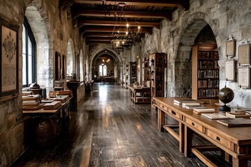 Obraz premium Grand Medieval Library Interior Books with Reading, Architecture, History, and Education.