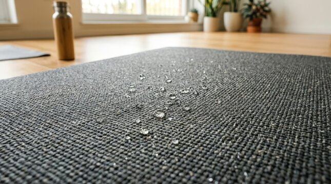water resistant gray yoga mat with water droplets in home studio