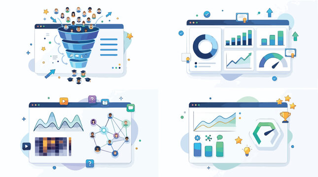 Set of business analytics and data visualization dashboards featuring sales funnel lead generation performance tracking charts graphs and marketing strategy illustrations