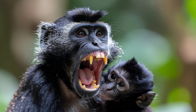 Aggressive Ebony Leaf Monkey Displaying Teeth with Baby.