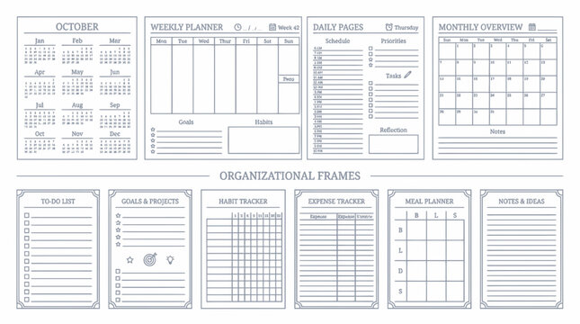 Planner Pages Template: Calendar, Weekly, Daily, Monthly, To-Do List, Goals, Habit Tracker