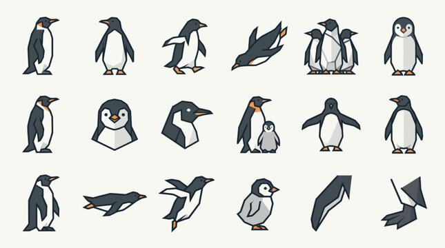 Collection of hand drawn penguin icons and illustrations.