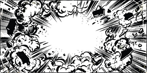 Comic book style explosion effect with dynamic action lines and debris blast frame ©  creative  marlia