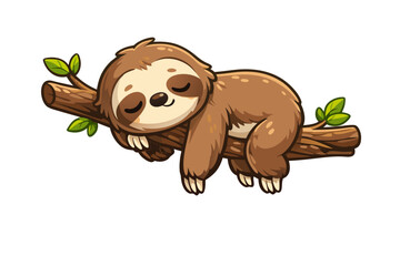 Fototapeta premium Cute sleeping sloth vector illustration resting on a tree branch with green leaves, isolated on transparent background for animal and nature designs