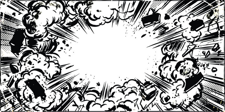 Comic book style explosion effect with dynamic action lines and debris blast frame