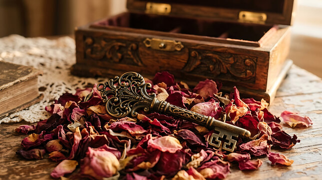Ornate antique key resting on dried rose petals beside an open vintage wooden chest
