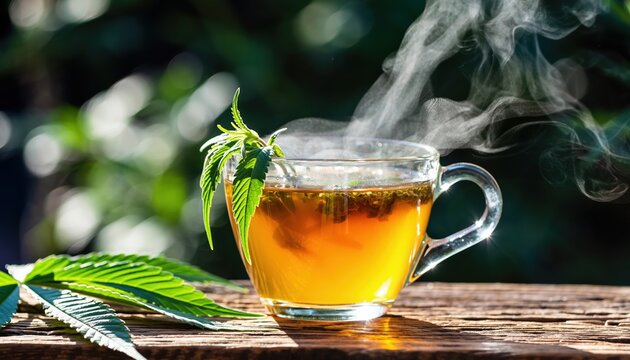 Steaming Cup of Herbal Cannabis Tea with Fresh Leaves Outdoors.