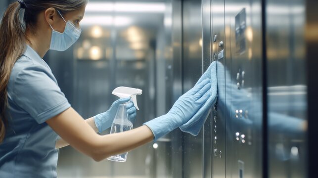 Professional cleaner in mask sanitizing elevator buttons with spray and cloth. A person wearing protective gloves and a face mask meticulously cleans and disinfects elevator control panel surfaces