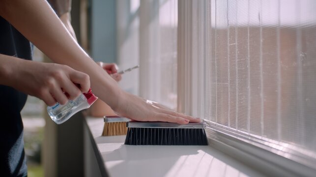 Hands cleaning window sill with spray bottle and brush for a spotless home. Close-up of two people cleaning a window frame and sill with a spray bottle and brushes, ensuring a hygienic environment