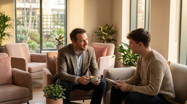 A supportive manager holds a private conversation with an employee in a comfortable office lounge. Warm atmosphere, empathetic body language, natural lighting, authentic workplace wellbeing theme