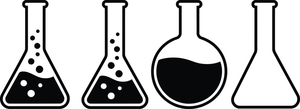 Black and white laboratory flask icons set