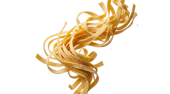 Fresh fettuccine pasta flying in mid-air, golden egg noodles falling, traditional Italian tagliatelle ribbons for culinary advertising isolated PNG with Transparent Background