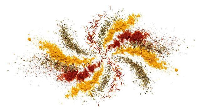 Aromatic spice explosion in spiral motion, colorful seasoning powder swirl, vibrant culinary herbs and ground spices for cooking and food design isolated PNG with Transparent Background