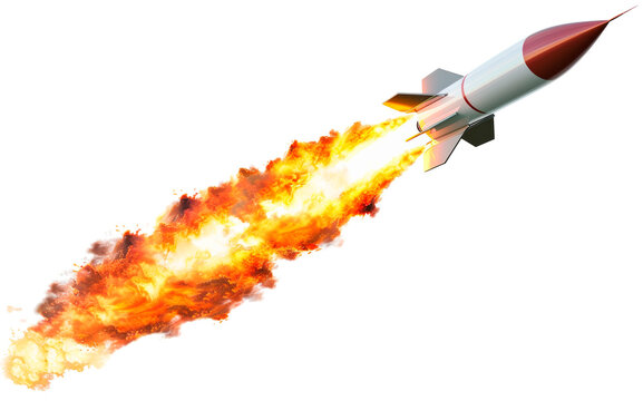 Rocket launches with flames and exhaust trail in clear space