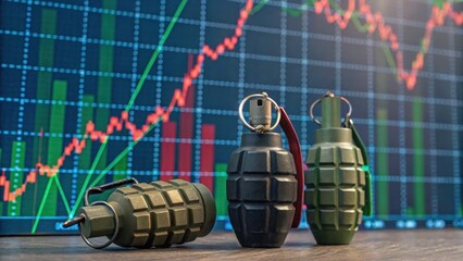 Obraz premium Three hand grenades sit on a surface with a digital stock market chart featuring red and green candlesticks and a line graph in the background.