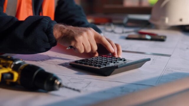 Man, hands and calculator at blueprint for planning, calculating measurements and review. Architect, writing and floorplan at worksite for compliance, project adjustment and accuracy for development