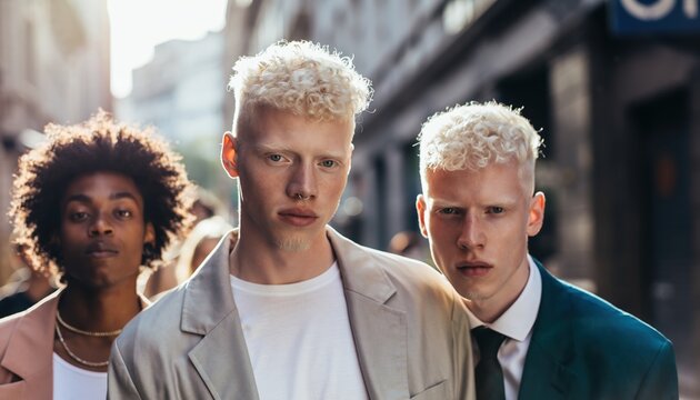 Three young men with bleached blonde hair and stylish outfits walking together on a city street.