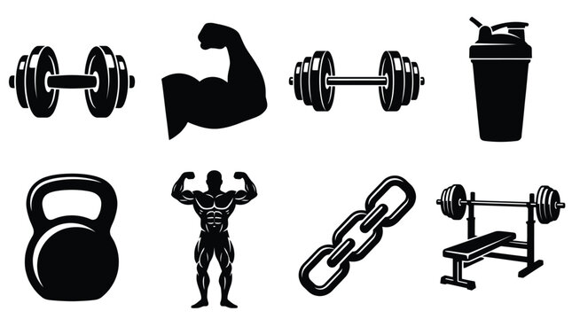 Minimalist vector icons of fitness and bodybuilding items including dumbbell, muscular arm, shaker bottle, kettlebell, flexing figure, bench press illustration set