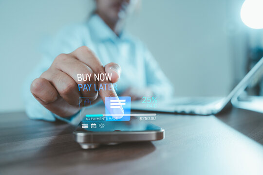 Buy now pay later BNPL installment payment concept finger touching smartphone with online shopping progress bar interface for e-commerce consumer credit debt management