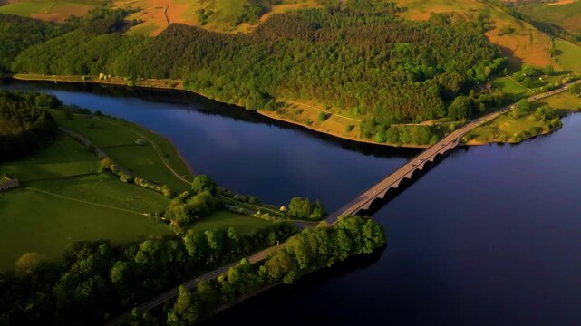 Aerial drone view of A57 viaduct bridge crossing Ladybower Reservoir in Peak District