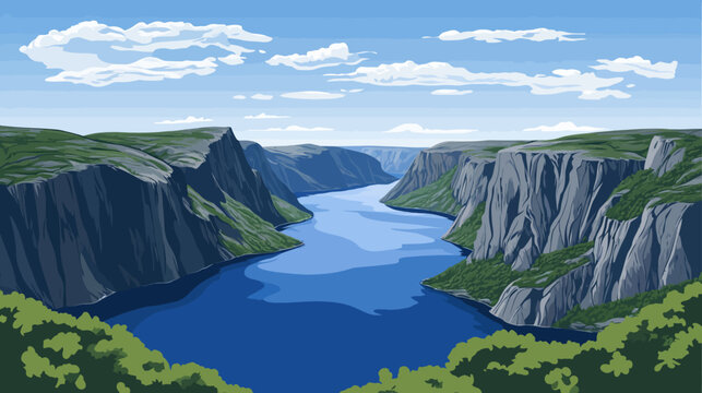 An expansive canyon river winds between towering cliffs under a bright blue sky