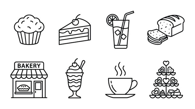 Minimalist vector icons of bakery and caf&eacute; items including muffin, cake, lemonade, bread, shop, dessert cup, coffee, pastry stand illustration set