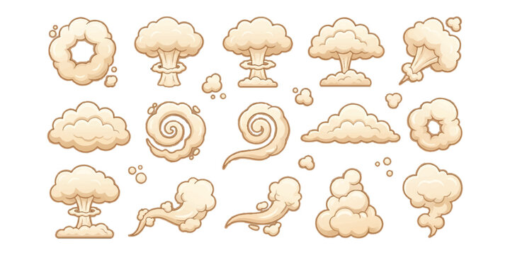 Set of cartoon smoke and explosion effects in pixel art style for game design