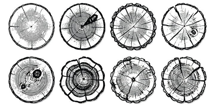 Set of eight hand drawn tree cross section logs with wooden rings and texture