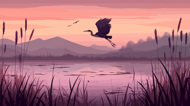 Tranquil sunset over a glass lake, with reeds, hills, and a soaring egret today