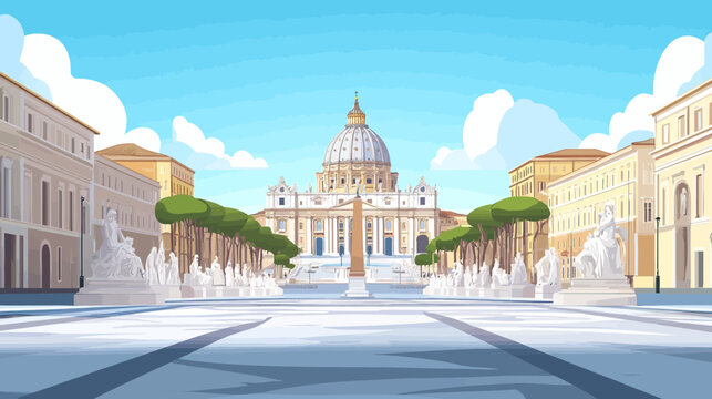 Grand classical plaza with central dome, symmetrical architecture, statues along wide pathway, clear sky, muted tones, cartoonish style
