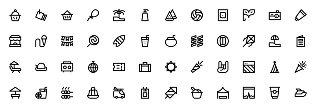Summer Party icon set. Minimal vector icons. Includes cupcake, balloon, palm tree, watermelon, volleyball, speaker, camera, microphone, surfboard and more. Editable vector.
