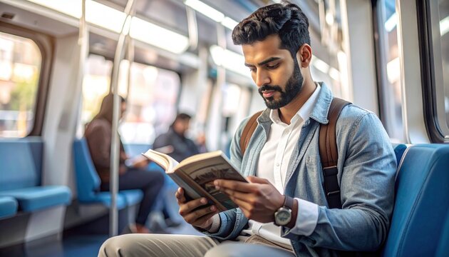 Man Reading Book on Public Transportation Commute.
