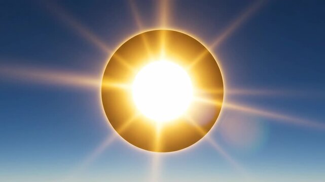 Vividly Glowing Sun Emitting Sharp Radial Light Rays and Lens Flare against Clear Blue Sky