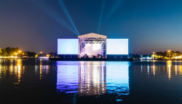 Nighttime Stage Reflection on Water at Outdoor Concert.