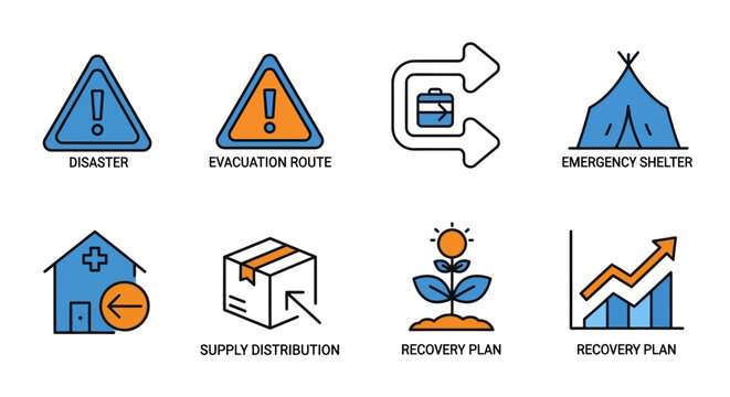 Disaster Relief and Recovery Icons: Emergency, Supply, Plan, Shelter