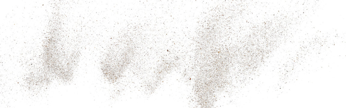 Close up fine desert sand flying isolated on white, background and texture, clipping path, design element, macro