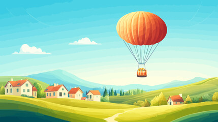 Fototapeta premium Hot air balloon floating over a scenic village landscape