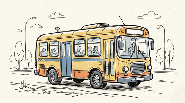 Hand drawn illustration of a vintage yellow passenger bus on a city street.