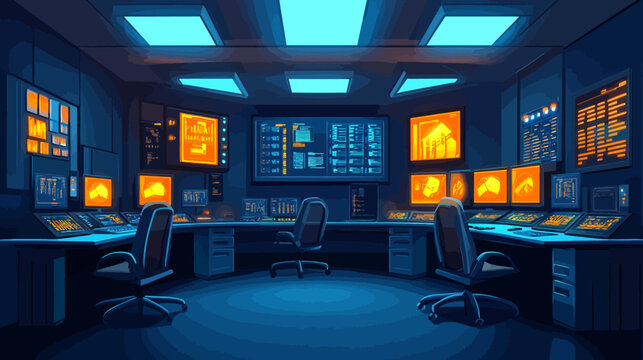 A dim control room interior with three individuals seated at curved desks, illuminated by orange monitor screens and blue overhead lights, showing data and interface elements