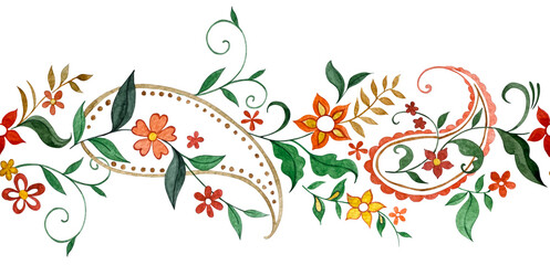 Seamless border of oriental paisley patterns. Bright floral patterns. Watercolor illustration. © Tatiana