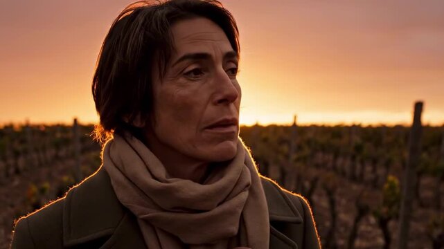 Refugee silhouette at sunset, close portrait of displaced woman in coat and beige scarf beside quiet field rows, hand on collar, worried upward gaze, golden rim light and resilient hope amid exile