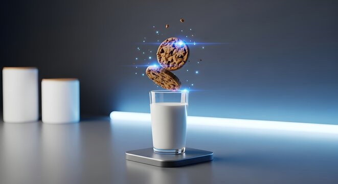Chocolate chip cookies hovering above a glass of milk 3d render high quality