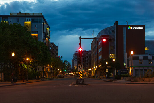 Quebec City, Quebec, Canada, May 31, 2026 - Fondaction - an investment fund for individuals and companies - illuminated sign on tall building located at 125 Charest East boulevard
