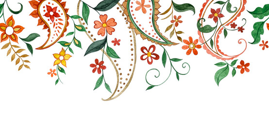 Seamless border of oriental paisley patterns. Bright floral patterns. Watercolor illustration. © Tatiana